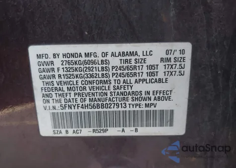 2011 Honda Pilot Ex-L from USA, damaged, VIN 5FNYF4H56BB027913